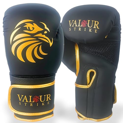 Valour Strike Guantes de boxeo para hombres y mujeres, marca familiar británica de confianza, guantes de entrenamiento y sparring negros y dorados de 16 onzas para boxeo, kickboxing, muay thai, artes