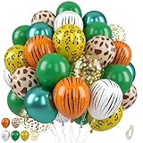 Jungle Safari Balloons, 50 Pcs Animal Print Balloons, 12 Inch Dark Metallic Green Gold Confetti Deer Paw Print Tiger Zebra Leopard Balloons for Birthday Baby Shower Jungle Safari Party Decorations