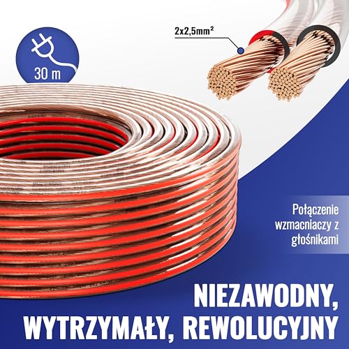 Poppstar kabel głośnikowy, 30 m, 2×2,5 mm² (żyła wewnętrzna z litej miedzi OFC 99,99%, z przezroczystą osłoną PVC)