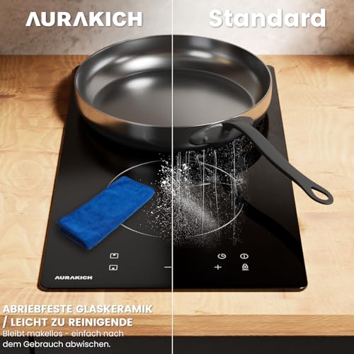 AURAKICH Glaskeramikkochfeld 2 Platten, Einbau-Kochfeld mit Abriebfeste Glaskeramik, 2 Jahre Garantie, 3000W, 9 Leistungsstufen, Timer 1-99 Min, Kindersicherung, mit Stecker, für alle Töpfe