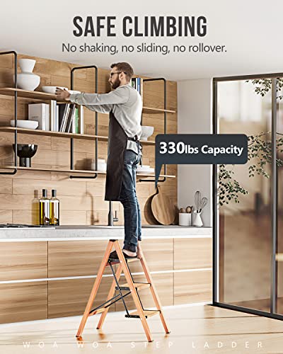 Woa Woa 3 Step Ladder, Lightweight Aluminum Stepladder With Widen Pedal, Anti-Slip Portable Folding Ladders, Multi-Use Step Stool For Home Kitchen Office 330Lbs - Wood Grain #TOP1