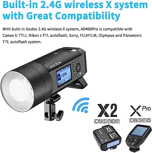 Ficha técnica Godox AD400Pro All-in-One Flash Strobe al aire libre 400W 2.4G TTL Speedlite portátil con batería y AC DC alimentado con Bowens y Godox - Fernando Cortés