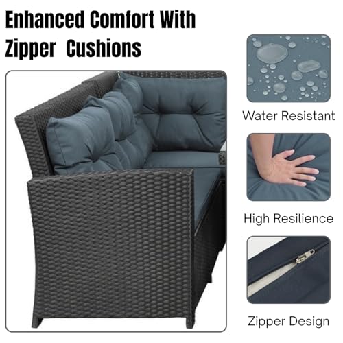 Image of DEVOKO 5 Pieces Patio Outdoor HDPE Wicker Dinning Set, Outside Couch with Table for Porch, Lawn, Garden, Backyard (Black and Grey)