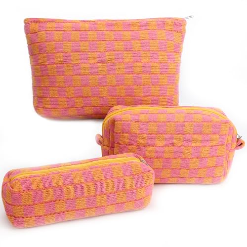 Gocvo 3 Pcs Makeup Bag Checkered Cosmetic Bag Large Capacity Traveling Toiletry Pounch Organizer Cute Makeup Brushes Aesthetic Accessories Storage Bag for Girls Women(Orange-Purple)