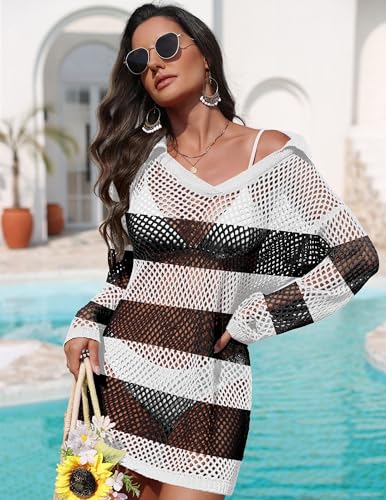 Ekouaer Beach Dresses for Women Crochet Bathing Suit Cover Ups Hollow Out Tops for Women Cover Up Dress Black Stripes L — view 4