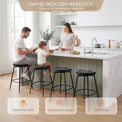 Image of 25 inch Swivel Backless Saddle Bar Stools Set of 4, Black | Solid Wood Saddle Seat, Metal Legs, Footrests,Swivel, Non-Marking Feet, Kitchen Island