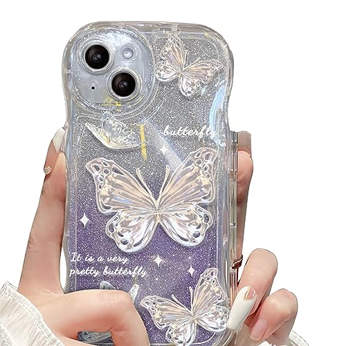 Coque iPhone 14 Plus violette à paillettes et motif papillon mignon pour femme