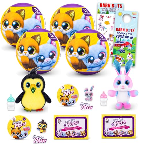 Zuru 5 Surprise Plushy Pets Mystery Set - 4 Pc Bundle with Zuru Surprise Series 2 Mini Stuffed Animal Mystery Balls Plus Stickers, More | Mystery Plushies 4 Pack