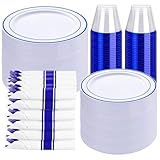 WELLIFE 350 Pcs Blue Plastic Plates for 50 Guests - Plastic Dinnerware Set,Party Supplies Includes 100 blue plates,150 Silverware,50 Napkins,50 Cups,Blue and White Plates
