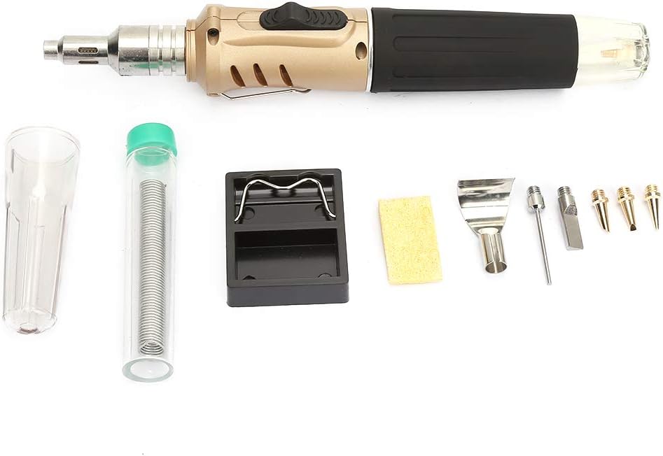 For Technical Applications - HS 1115K Multi Function Butane Gas Soldering Iron and Welding Torch Kit - 10 Piece Cordless Set with Automatic Ignition, 5 Interchangeable Iron Tips, (Gold handle)