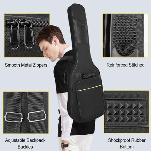 Image of Nylon, Backpacks 39 Inch Electric Guitar Bag Soft Guitar Case, 0.27 Inch Thick Padded Electric Guitar Gig Bag Waterproof Guitar Backpack With Pockets (Black)