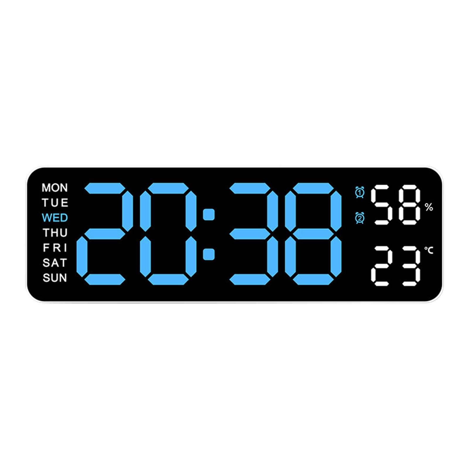 Orologio da Parete Digitale con Retroilluminazione Regolabile, Indicazione di Temperatura, umidità, Giorno/Data, Sveglia E Funzione Snooze, Luce Blu Bianca
