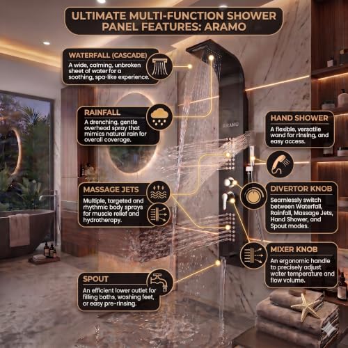 Image of ARAMO ?Brushed Shower Panel - Wave with Waterfall Shower, Massage Jet, 5 Water Functions (Black)