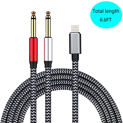 Lightning To Dual 6.35Mm 1/4" Ts Mono Stereo Y-Cable Splitter Lightning To Dual 1/4 Inch Audio Cable Compatible For Iphone12/11/X/Xs/Xr/8/7/Ipad,Amplifier, Speaker, Headphone, Mixing Console 6.6Feet #TOP2
