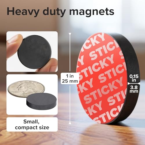Image of Strong Ceramic Round Magnets With Adhesive Backing (1x0.15 inch /25x4mm, 36 pcs) - Heavy Duty Sticky Magnets, Non-Corrosive, Versatile For Home, Office, Workshop, Whiteboard, Fridge And Hobby Use