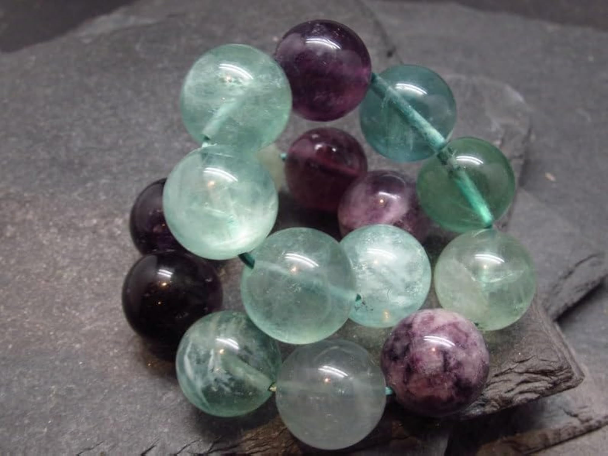 Natural Fluorite 12mm Smooth Cut Beads Stretch Bracelet, Unisex