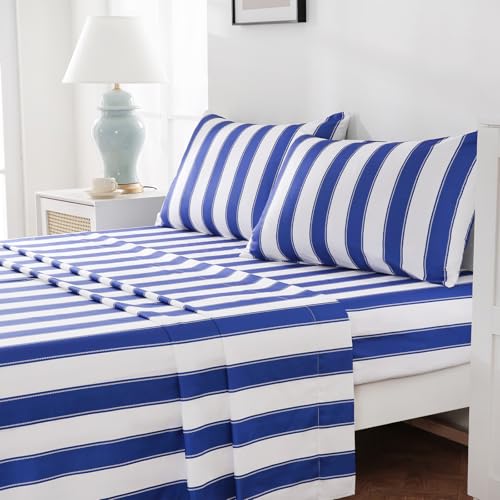 Image of MCO 4Pieces Striped Sheets Set, Breathable Queen Sheet Set with 16 inch Deep Pocket,Modern & Luxury, Brushed Microfiber Bedding Set(Queen, Navy Blue)