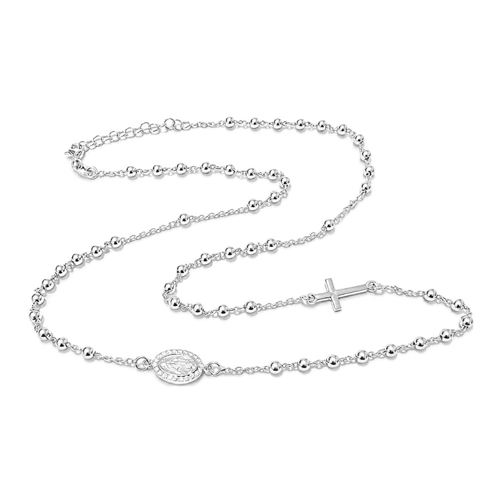 Collana Rosario Donna in Argento 925 con Medaglia Miracolosa e Zirconi – Collana Religiosa Cattolica Cristiana di Fede – Gioiello Elegante Idea Regalo cll2234
