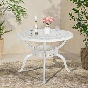 VIVIJASON 38.5" Patio Bistro Table Outdoor Dining Round Table White Cast Aluminum Table with Umbrella Hole VIVIJASON 385 Patio Bistro Table Outdoor Dining Round Table White Cast Aluminum Table with Umbrella Hole