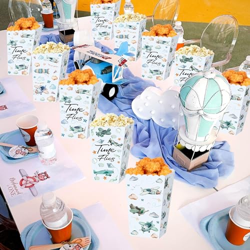 Image of 12 PCS Airplane Plane Popcorn Boxes Airplane Gift Goodie Bags Box Birthday Party Decorations Time Flies Robot Candy Boxes for 1st Birthday Baby Shower Decor