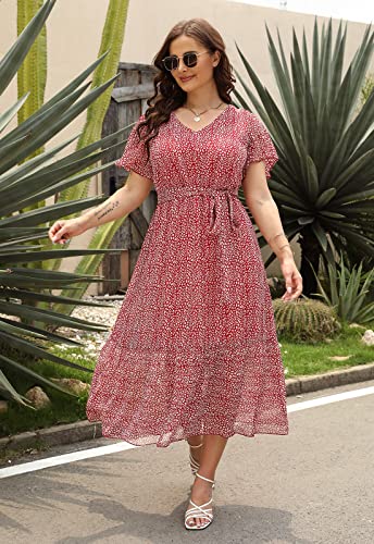 Image of Nemidor Plus Size Women Casual Maxi Dresses Print Bobo Belted Layered Chiffon Summer Long Dress with Ruffle Sleeve