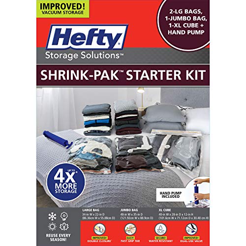 Hefty Shrink-Pak Starter Kit 2 Large, 1 Jumbo, 1XL Cube with Hand Pump