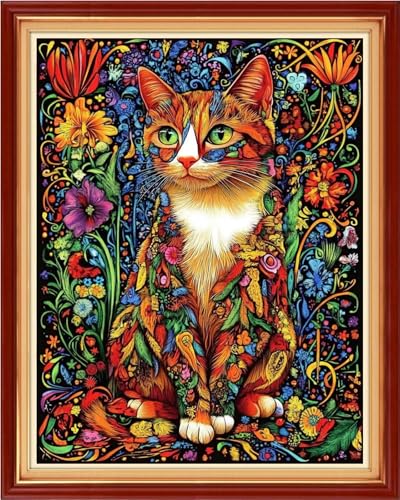 Image of Magxvouy Cross Stitch Kits Stamped Full Range of Embroidery Kits,Cross Stitch Patterns Needlework Kits for Beginners 11CT Printed Kits& Cat Flowers 16x20 inch