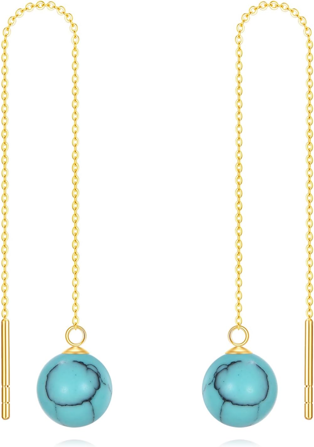 DOVRAN Pull Through Threader Earrings 10K/14K Real Solid Gold Long Piercing Long Black Onyx/Pearl/Turquoise Tassel Dangle Ear Line Eardrop Earrings Jewelry Gifts