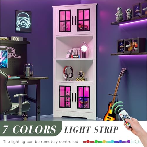 Betterhood 67\" Corner Cabinet with LED Lights, Tall Storage Cabinet with Glass Doors & Shelves, Freestanding Corner Hutch for Living Room, Kitchen, Bathroom, Dinning Room, White - Thumbnail 4