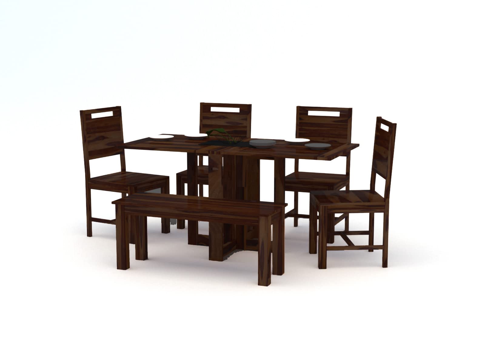 Angel's Solid Sheesham Wood Six Seater Dining Set with Folding Table and Bench (Six Seater, Walnut Finish)
