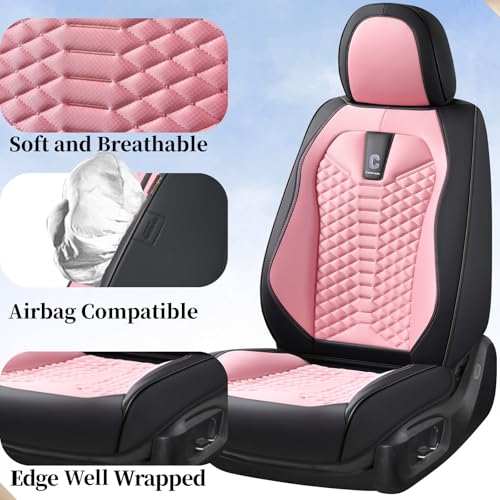 Image of Coverado Front Seat Covers, 2 PCS Pink Seat Cover for Cars, Breathable Fabric& Faux Leather Seat Cover, Driver Seat Cushion, Car Seat Protector Universal Fit Most Cars, Trucks, SUV
