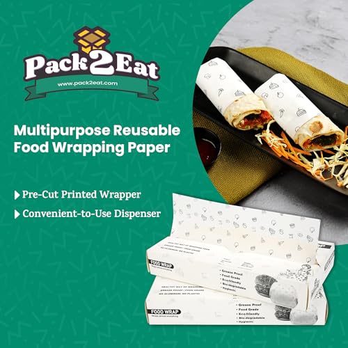 Image of Pack2Eat Roti Wrapping Paper | Multipurpose Food Wrapping Paper | Imported Oilproof, Reusable Wrap for Food | Roti Wrap | Extra Wide 12 inch Food Wrapping Paper with Dispenser (30 Meters) - 100 Pcs
