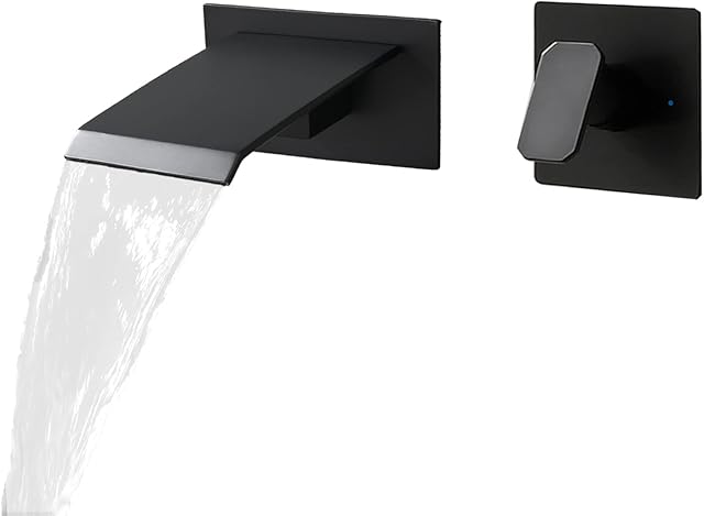 BAITUJIE Black Wall Mounted Bath Tap Waterfall Basin Mixer Taps with 10cm Wide Spout Bath Filler Taps, BTJ003TT