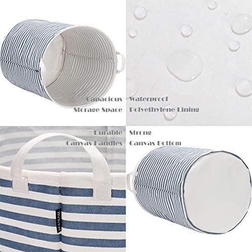 Sea Team 19.7 Inches Large Sized Waterproof Coating Ramie Cotton Fabric Folding Laundry Hamper Bucket Cylindric Burlap Canvas Storage Basket (19.7", Navy Blue & White Stripe) - 3