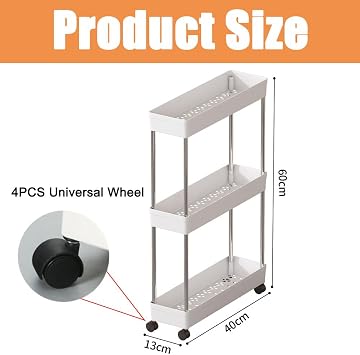 3-Tier Narrow Slim Storage Trolley Cart Slide-out Rolling Utility Mobile Shelving Space Organizer Shelf Rack Storage Cart on Wheels for Kitchen Bathroom Laundry Room Narrow Places (3-Tier, No Armrest)