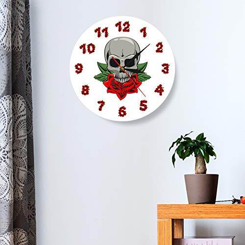 Wall Clock 12 Inch Fashion Skull With Flower Rose Numbers Gothic Home Decoration Retro Tattoo Skeleton Design Battery Operated Silent Non-Ticking For Home Office School Bedroom Decor Gift Ideas #TOP3