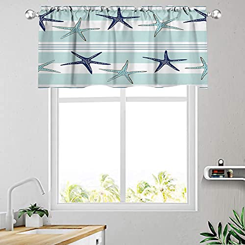 Fullentiart Coastal Navy Blue And Turquoise Sea Stars Stripe Nautical Valances Window Treatments Beach Valances For Windows 52X18 Inch Small Window Valance For Living Room,Dining Room,Bedroom #TOP4