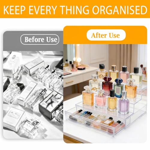 3 Tier Clear Perfume Organizer with Drawer, Anti-Slip Perfume Holder, Plastic Step Storage Shelves, Display Stand for Vanity Bedroom Bathroom Storage Organization, Room Decor Aesthetic, 12 Inch, Clear by Mowhut - Used condition - Image 3