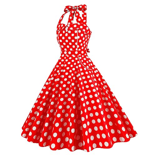 Image of 1950s Dresses for Women Vintage Retro Cocktail Party Swing Dresses Halter Floral Rockabilly 50s Polka Dot Pin up Dress