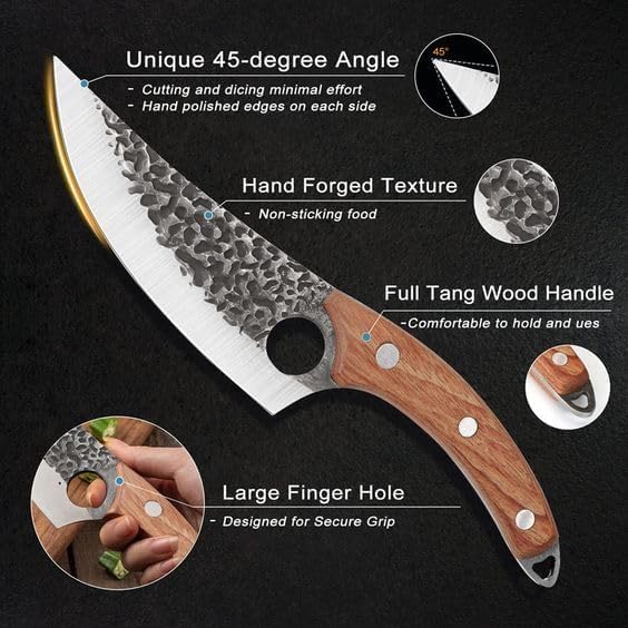 Image of 8 Inch Butcher Knife Hand Forged Boning Knife with Sheath Viking Style, High Carbon Steel Japanese Chef Knife Chopping Knife for Kitchen