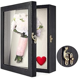 TJ.MOREE Schattenbox für Blumen 25 x 20 cm Shadowbox Vitrine Bilderrahmen mit Glasfenstertür Hochzeitsstrauß Erinnerungsstücke Medaillen Militärfotos Erinnerungsbox für Andenken – Rustikales Schwarz