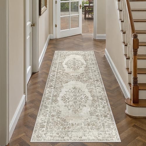Taupe Area Rug 2x3 Washable Vintage Entryway Carpet Non Slip Retro Distressed Door Mat Low Pile Soft Oriental Medallion Thin Small Throw Rug for Kitchen Bedroom Office Bathroom Laundry 2' x