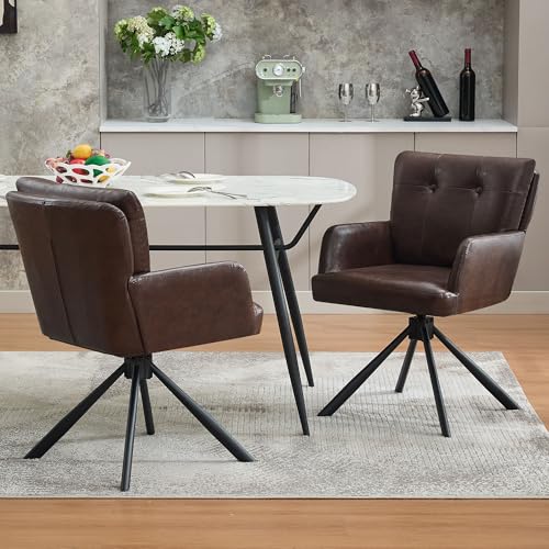 WUTUTUEE Faux Leather Dining Chair Set of 2 Modern Upholstered Swivel Dining Room Chairs Comfy Accent Armchair with Mid Back, Desk Arm Chair No Wheels for Kitchen/Living Room/Home Office, Dark Brown