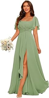 Short Sleeves Chiffon Bridesmaid Dress with Pocket Pleated Aline Formal Evening Dresses with Slit ZU012