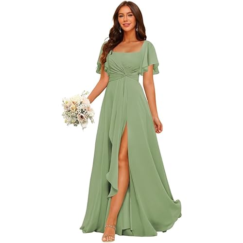 Short Sleeves Chiffon Bridesmaid Dress with Pocket Pleated Aline Formal Evening Dresses with Slit ZU012