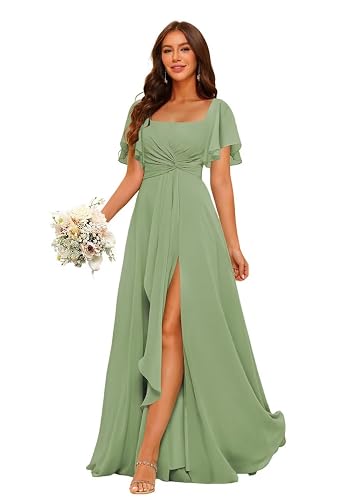 Short Sleeves Chiffon Bridesmaid Dress with Pocket Aline Formal Evening