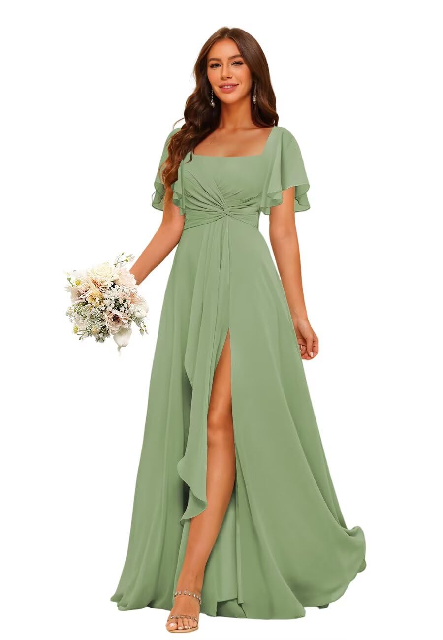 Dessiny Women's Short Sleeves Bridesmaid Dresses with Slit Pleated Formal Evening Dress with Pockets DEN005