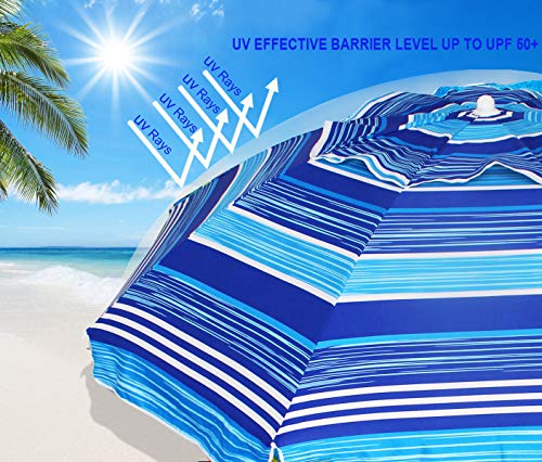 Ammsun 6.5 Foot Heavy Duty High Wind Beach Umbrella With Tilt Sun Shelter, Uv 50+ Protection Outdoor Sunshade Umbrella With Carry Bag For Patio Garden Beach Pool Backyard Stripe Blue #TOP2