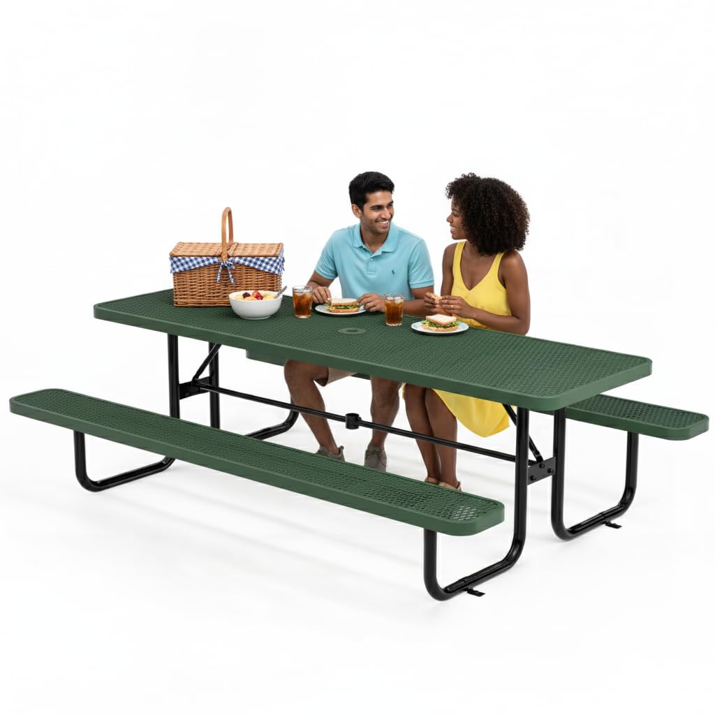 OUTTANS Commercial Heavy-Duty Metal Picnic Table - ADA Compliant Adjustable Seats Umbrella Hole Expanded Metal Green 8 Rectangular