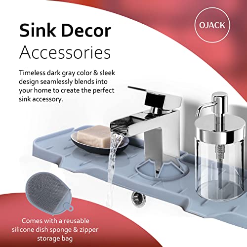 Ojack Kitchen Sink Splash Guard - Silicone Faucet Mat, Sink Draining Pad Behind Faucet, Dish Soap Dispenser And Sponge Holder - Sink Protectors For Kitchen Counters - Gray (14.6 Inch) #TOP5